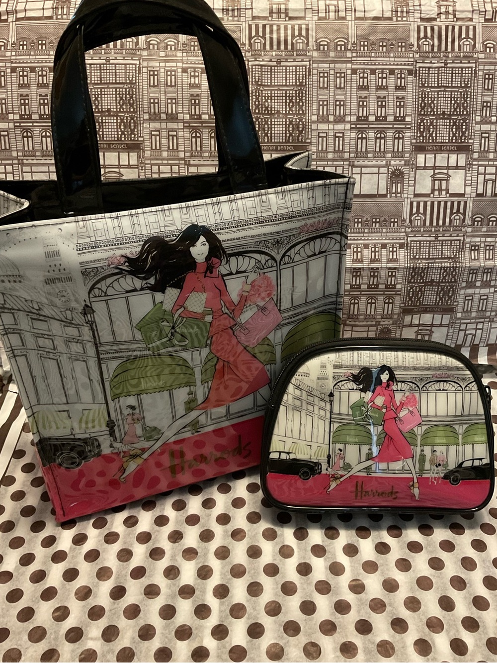 EUC Set of Retired Megan Hess Harrods Bags - Shopper Tote and Cosmetics Bag